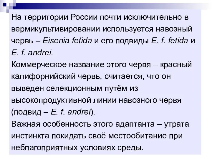 На территории России почти исключительно в вермикультивировании используется навозный червь