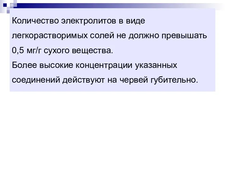 Количество электролитов в виде легкорастворимых солей не должно превышать 0,5