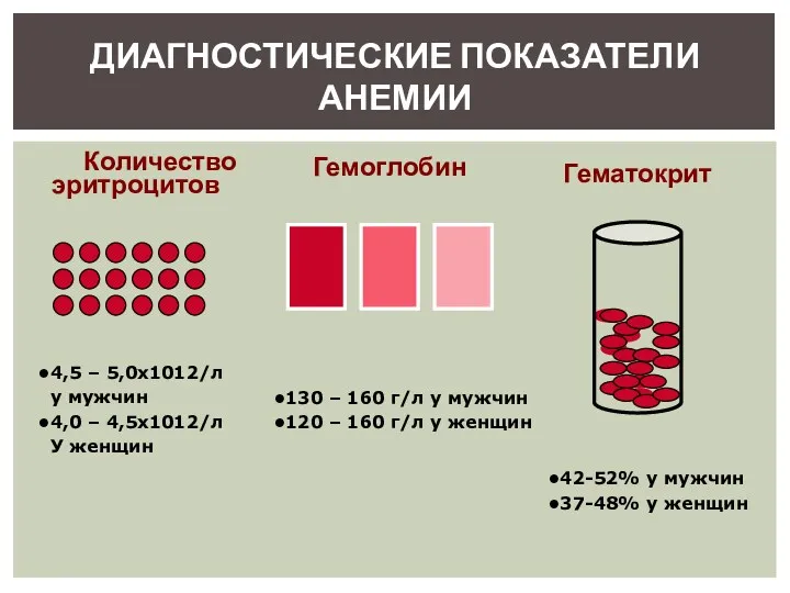 ДИАГНОСТИЧЕСКИЕ ПОКАЗАТЕЛИ АНЕМИИ Количество эритроцитов Гемоглобин Гематокрит 42-52% у мужчин 37-48% у женщин