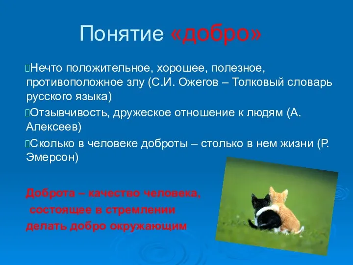 Понятие «добро» Нечто положительное, хорошее, полезное, противоположное злу (С.И. Ожегов