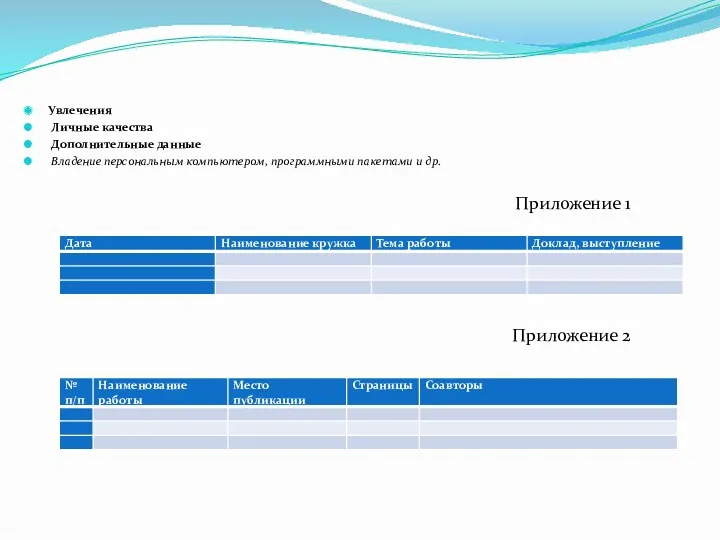 Увлечения Личные качества Дополнительные данные Владение персональным компьютером, программными пакетами и др. Приложение 1 Приложение 2