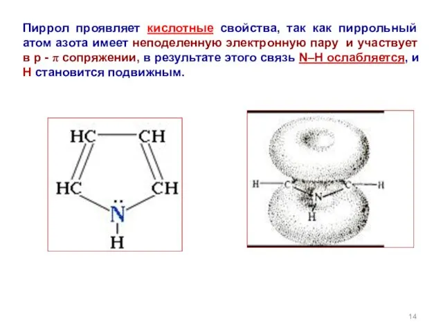 Пиррол проявляет кислотные свойства, так как пиррольный атом азота имеет