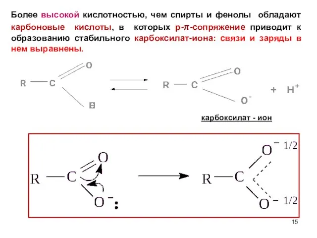 карбоксилат - ион Более высокой кислотностью, чем спирты и фенолы