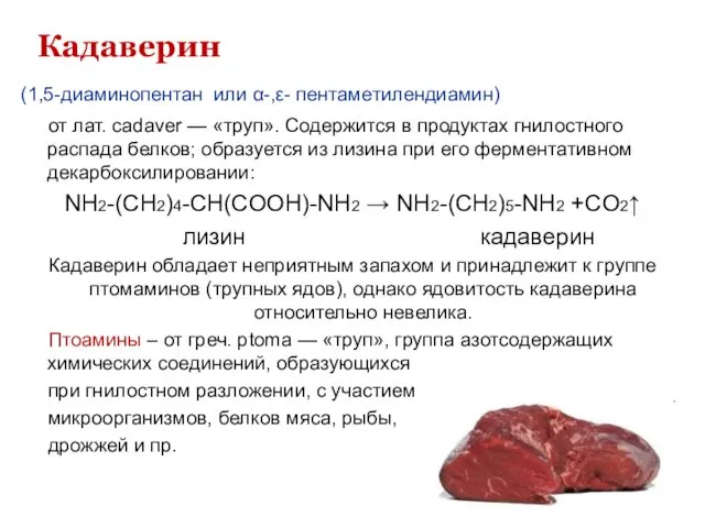 Кадаверин (1,5-диаминопентан или α-,ε- пентаметилендиамин) от лат. cadaver — «труп».