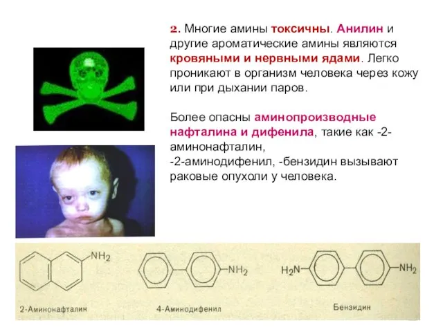 2. Многие амины токсичны. Анилин и другие ароматические амины являются