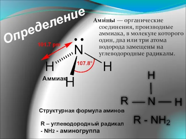 Определение Ами́ны — органические соединения, производные аммиака, в молекуле которого