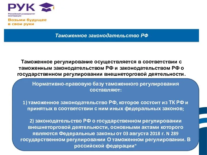 Таможенное законодательство РФ Таможенное регулирование осуществляется в соответствии с таможенным