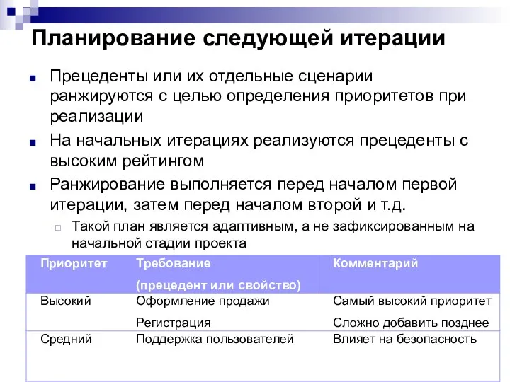 Планирование следующей итерации Прецеденты или их отдельные сценарии ранжируются с