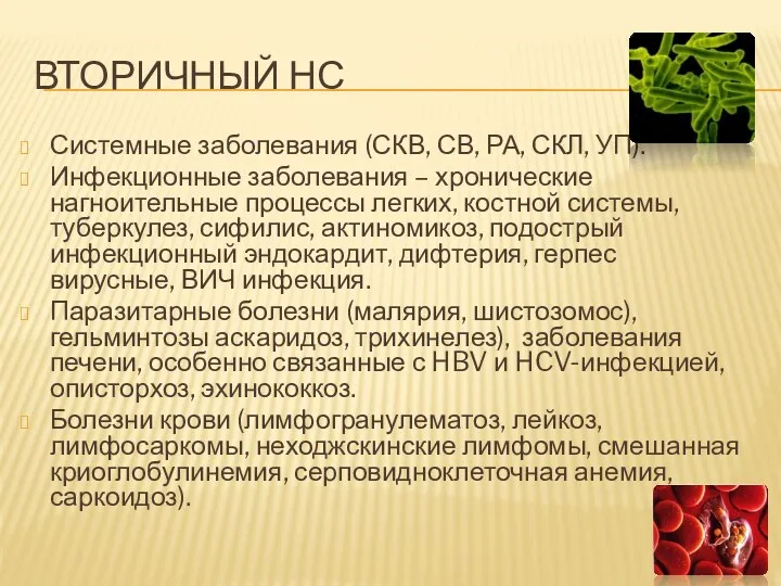 ВТОРИЧНЫЙ НС Системные заболевания (СКВ, СВ, РА, СКЛ, УП). Инфекционные