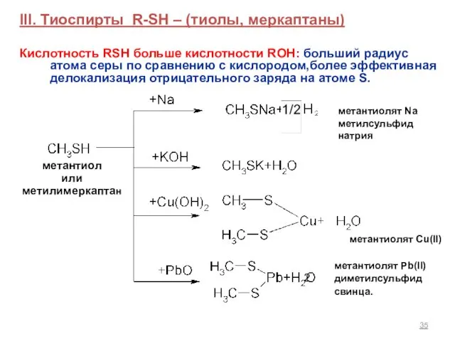 III. Тиоспирты R-SH – (тиолы, меркаптаны) Кислотность RSH больше кислотности
