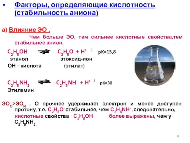 Факторы, определяющие кислотность (стабильность аниона) а) Влияние ЭО . Чем