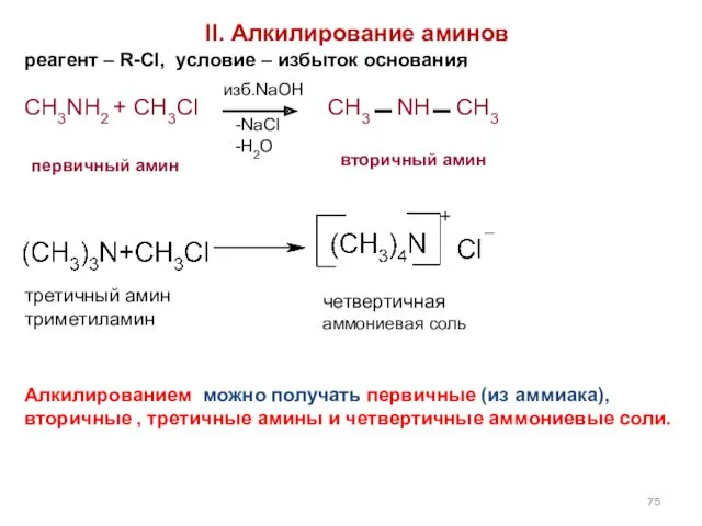 II. Алкилирование аминов реагент – R-Cl, условие – избыток основания