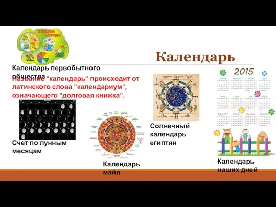 Календарь Название "календарь" происходит от латинского слова "календариум", означающего "долговая книжка". Солнечный календарь