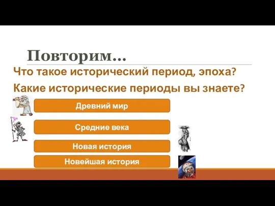 Повторим… Что такое исторический период, эпоха? Какие исторические периоды вы знаете? Древний мир