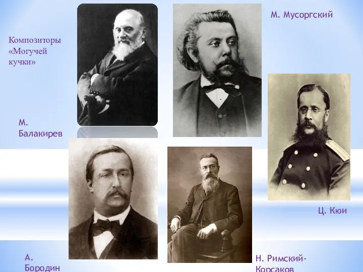 М. Мусоргский М. Балакирев Ц. Кюи А. Бородин Н. Римский-Корсаков Композиторы «Могучей кучки»