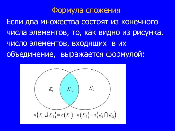 Формула сложения Если два множества состоят из конечного числа элементов, то, как видно