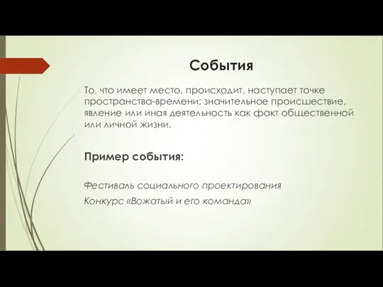 События То, что имеет место, происходит, наступает точке пространства-времени; значительное