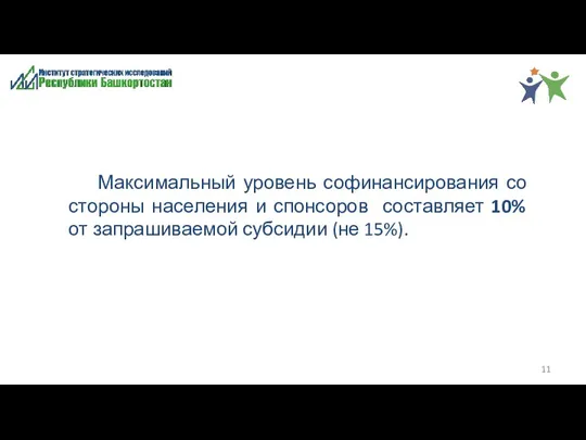 Максимальный уровень софинансирования со стороны населения и спонсоров составляет 10% от запрашиваемой субсидии (не 15%).