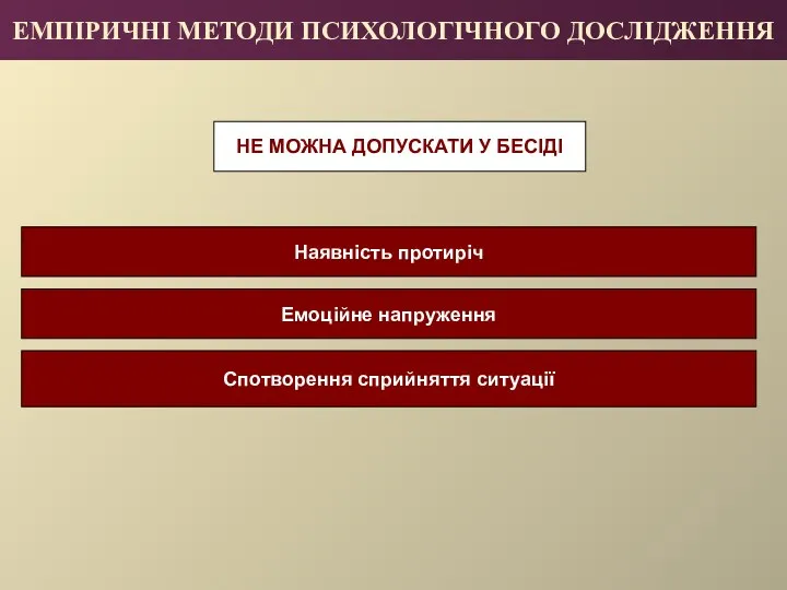 ЕМПІРИЧНІ МЕТОДИ ПСИХОЛОГІЧНОГО ДОСЛІДЖЕННЯ НЕ МОЖНА ДОПУСКАТИ У БЕСІДІ Наявність протиріч Емоційне напруження Спотворення сприйняття ситуації