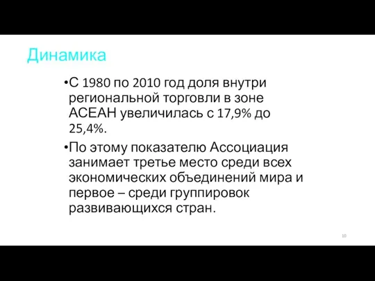 Динамика С 1980 по 2010 год доля внутри региональной торговли