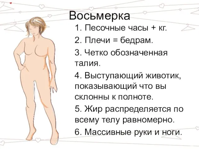 Восьмерка 1. Песочные часы + кг. 2. Плечи = бедрам.