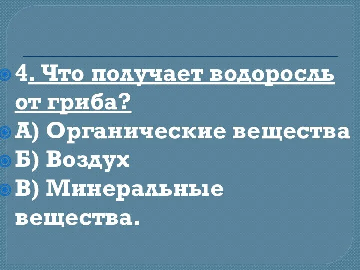 4. Что получает водоросль от гриба? А) Органические вещества Б) Воздух В) Минеральные вещества.