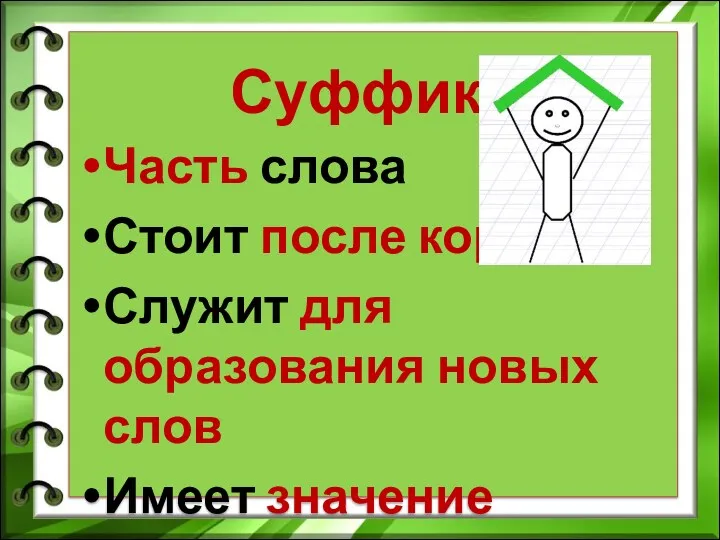 Суффикс Часть слова Стоит после корня Служит для образования новых слов Имеет значение