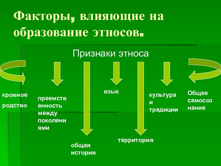 Факторы, влияющие на образование этносов. Признаки этноса кровное родство преемственность