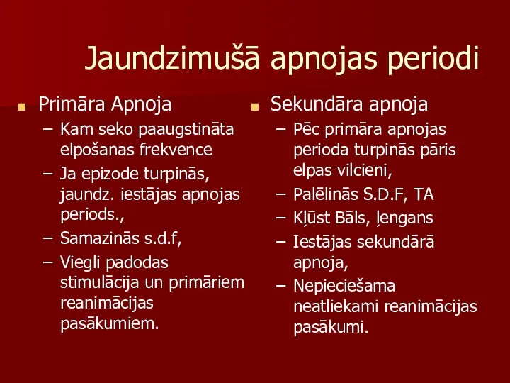 Jaundzimušā apnojas periodi Primāra Apnoja Kam seko paaugstināta elpošanas frekvence