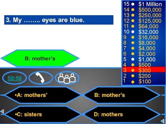 A: mothers’ C: sisters B: mother’s D: mothers 50:50 15