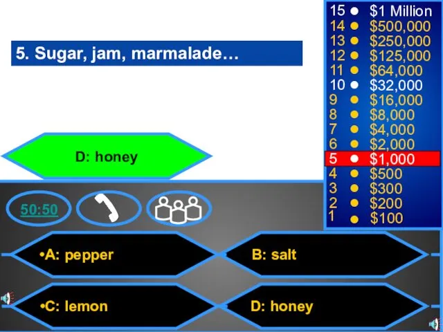 A: pepper C: lemon B: salt D: honey 50:50 15