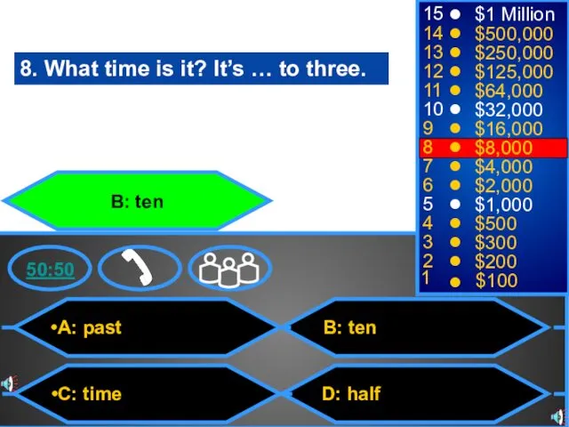 A: past C: time B: ten D: half 50:50 15
