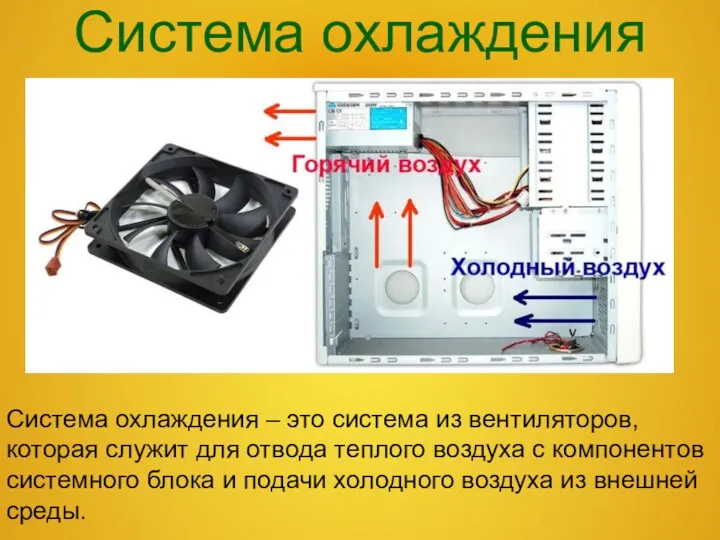 Система охлаждения Система охлаждения – это система из вентиляторов, которая