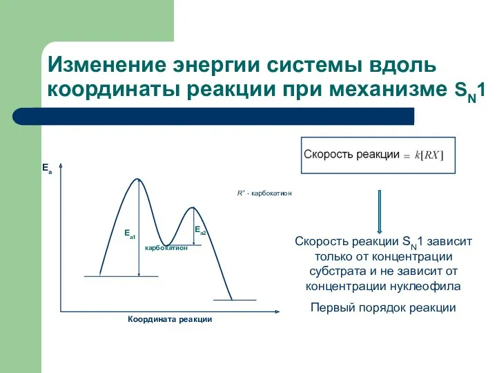 Изменение энергии системы вдоль координаты реакции при механизме SN1 Скорость