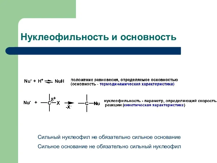 Нуклеофильность и основность Сильный нуклеофил не обязательно сильное основание Сильное основание не обязательно сильный нуклеофил