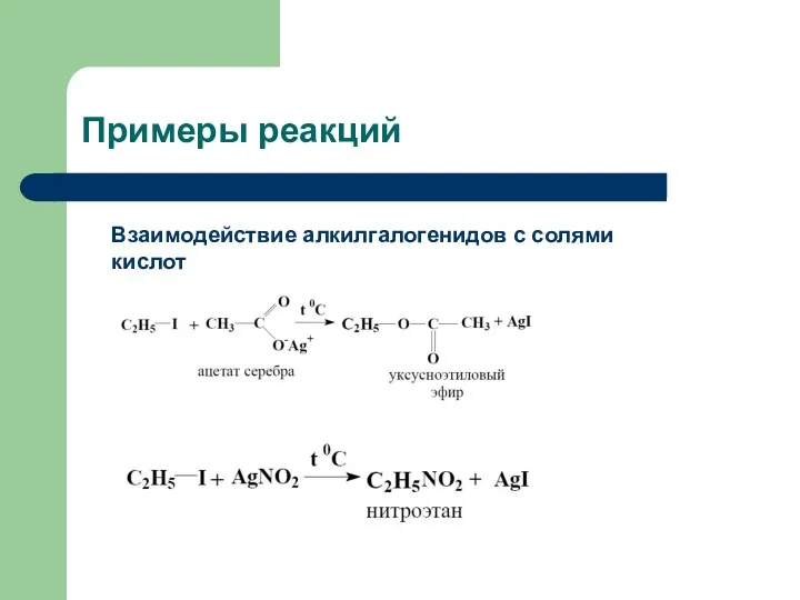 Примеры реакций Взаимодействие алкилгалогенидов с солями кислот