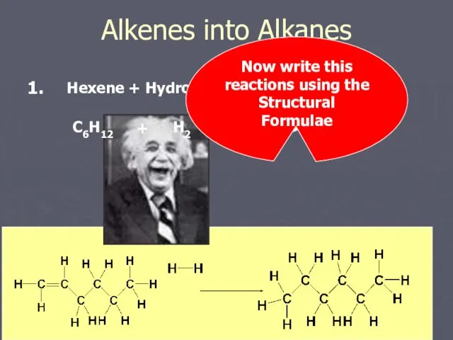 Alkenes into Alkanes Hexene + Hydrogen C6H12 H2 + Hexane
