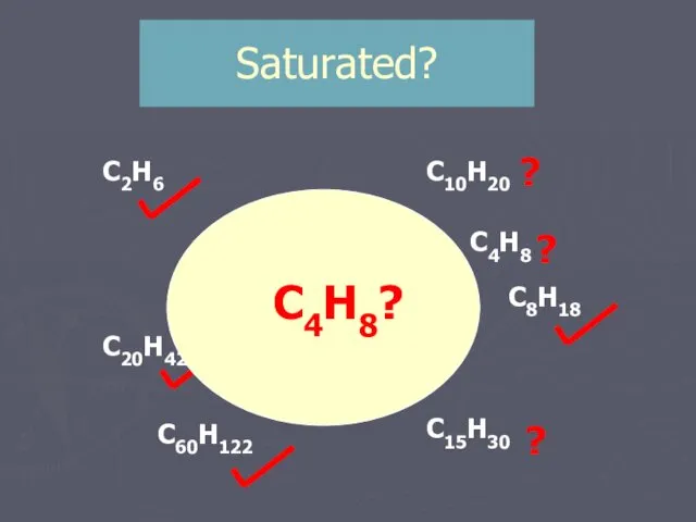 Saturated? C2H6 C4H10 C20H42 C10H20 C15H30 C8H18 C7H14 C60H122 C11H22 ? ? ? ? C4H8 ?