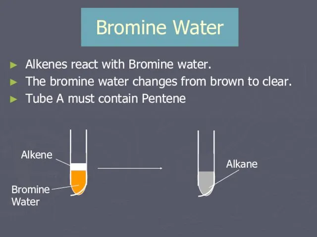 Bromine Water Alkenes react with Bromine water. The bromine water