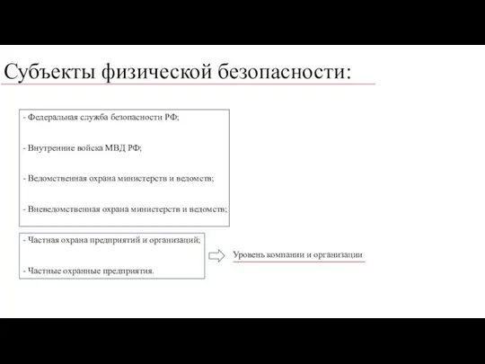 Субъекты физической безопасности: - Федеральная служба безопасности РФ; - Внутренние