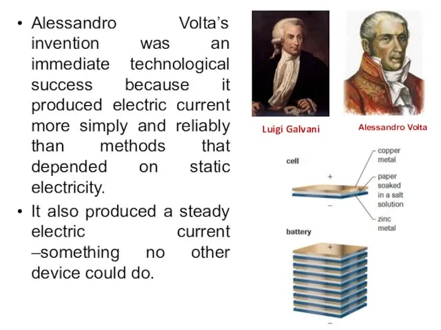 Alessandro Volta’s invention was an immediate technological success because it produced electric current