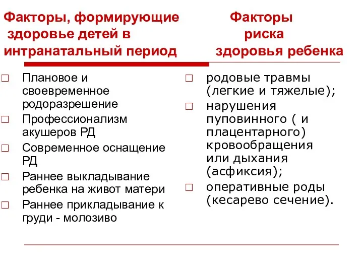 Факторы, формирующие Факторы здоровье детей в риска интранатальный период здоровья