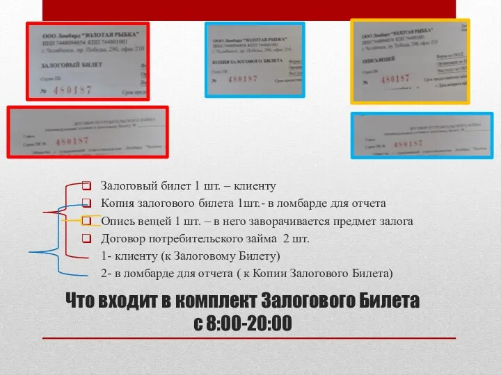 Что входит в комплект Залогового Билета с 8:00-20:00 Залоговый билет