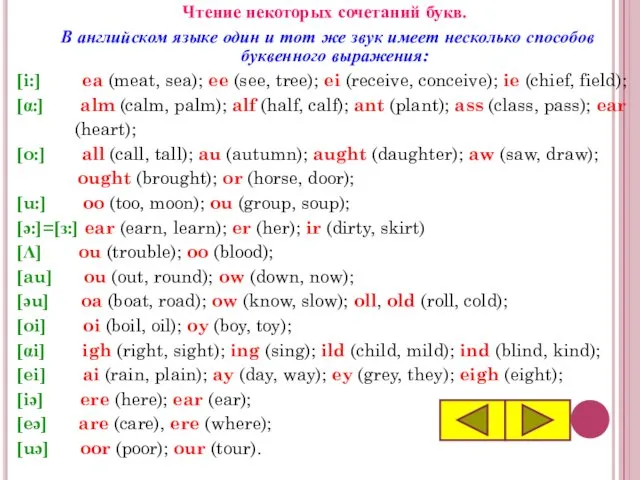 Чтение некоторых сочетаний букв. В английском языке один и тот