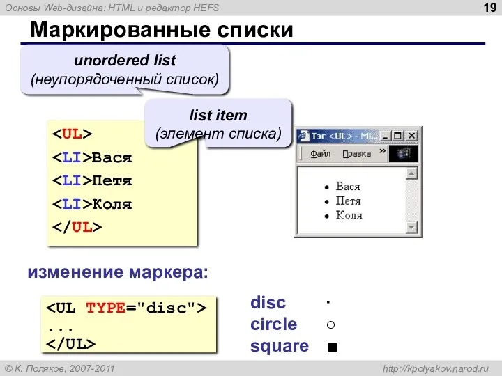 Маркированные списки Вася Петя Коля unordered list (неупорядоченный список) list