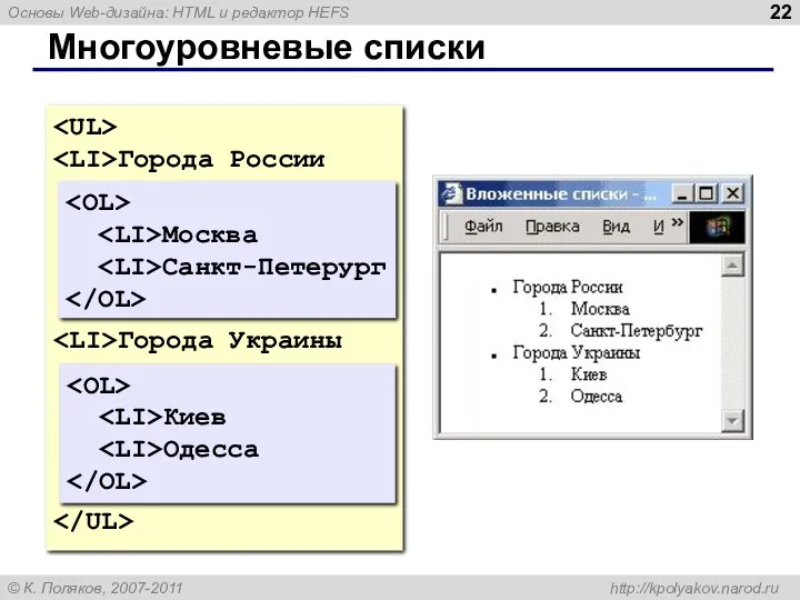 Многоуровневые списки Города России Города Украины Москва Санкт-Петерург Киев Одесса