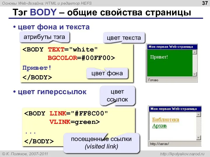 Тэг BODY – общие свойства страницы цвет фона и текста