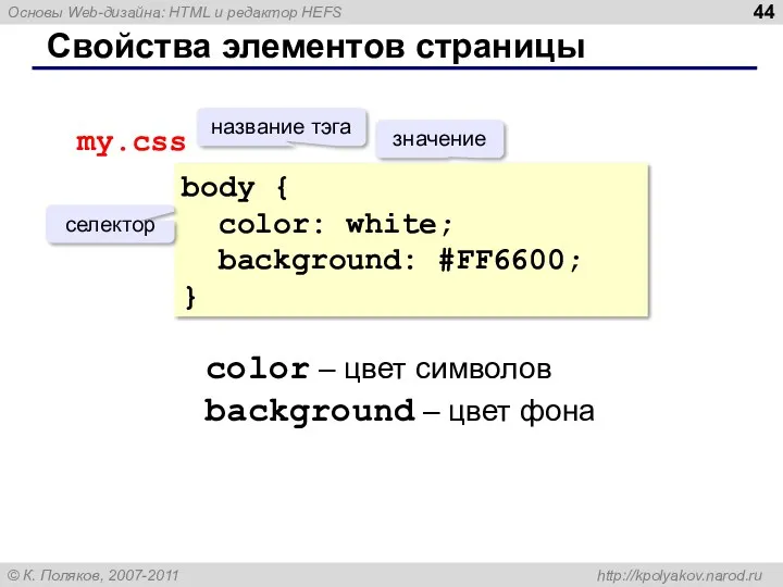 Свойства элементов страницы body { color: white; background: #FF6600; }