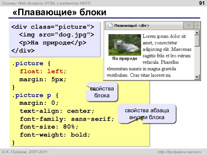 «Плавающие» блоки .picture { float: left; margin: 5px; } .picture