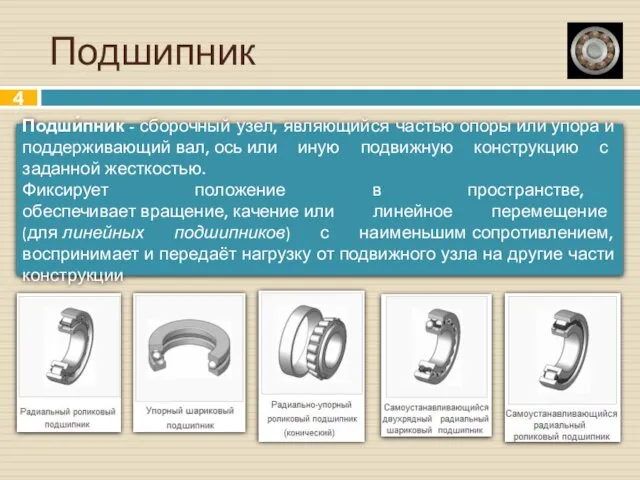 Подшипник Подши́пник - сборочный узел, являющийся частью опоры или упора